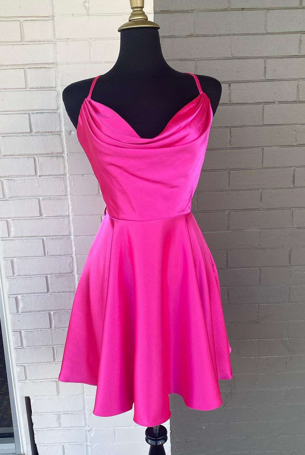 A Line Hot Pink Cowl Neck Lace-Up Short Homecoming Dress