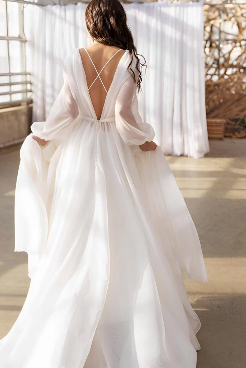 A - Line Illusion Neck Long Sleeves Sweep Train Organza Wedding Dresses - KissProm