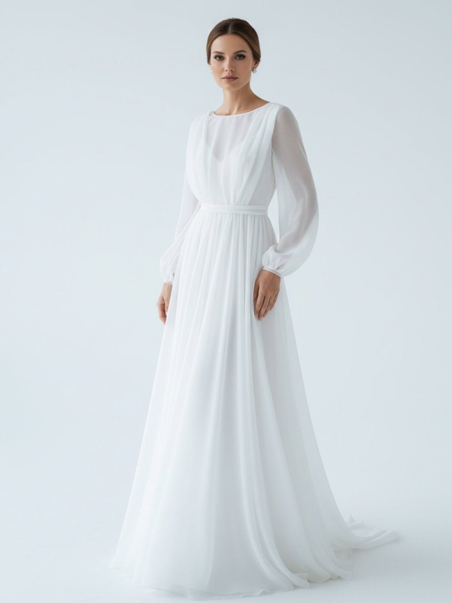 A - Line Illusion Neck Long Sleeves Sweep Train Organza Wedding Dresses - KissProm