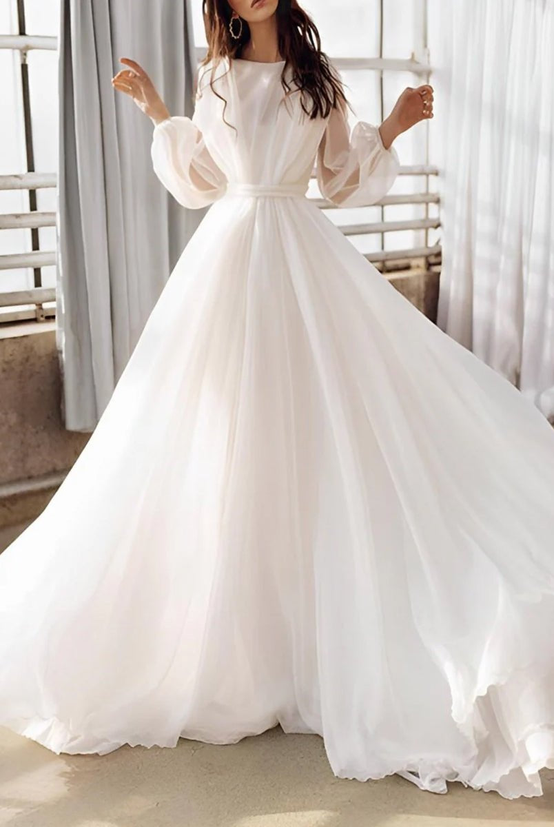 A - Line Illusion Neck Long Sleeves Sweep Train Organza Wedding Dresses - KissProm