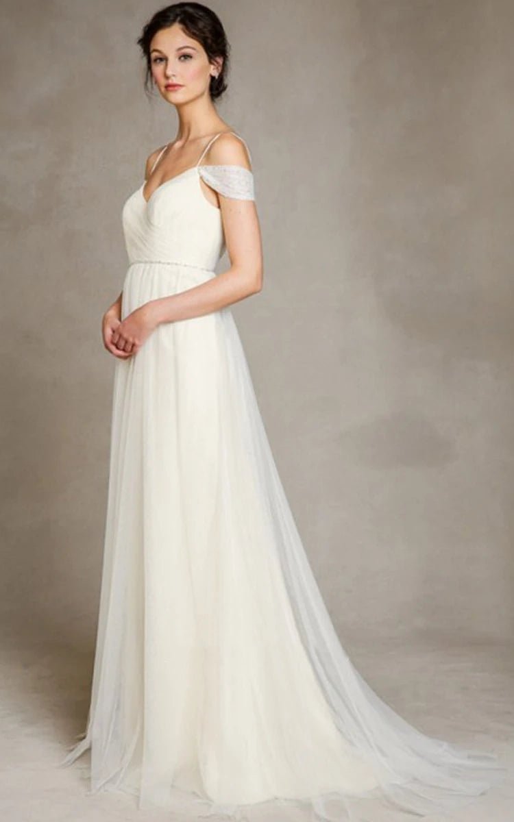 A-Line Spaghetti Straps Off-the-Shoulder Tulle Long Wedding Dress