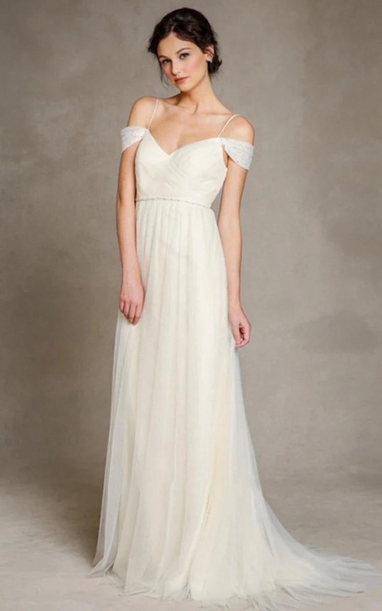 A-Line Spaghetti Straps Off-the-Shoulder Tulle Long Wedding Dress