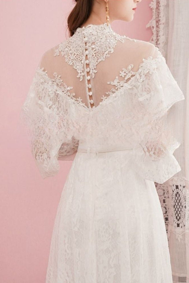 A-Line Lace Appliques Illusion Neck Wedding Dresses