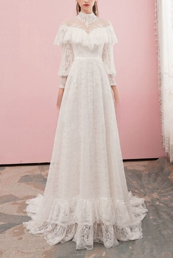 A-Line Lace Appliques Illusion Neck Wedding Dresses