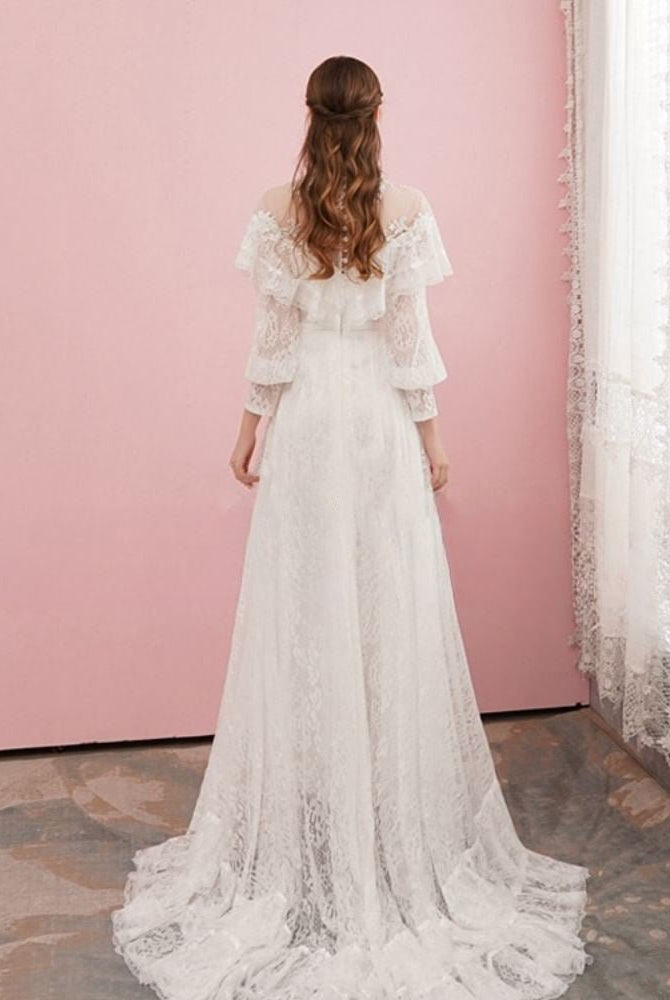 A-Line Lace Appliques Illusion Neck Wedding Dresses