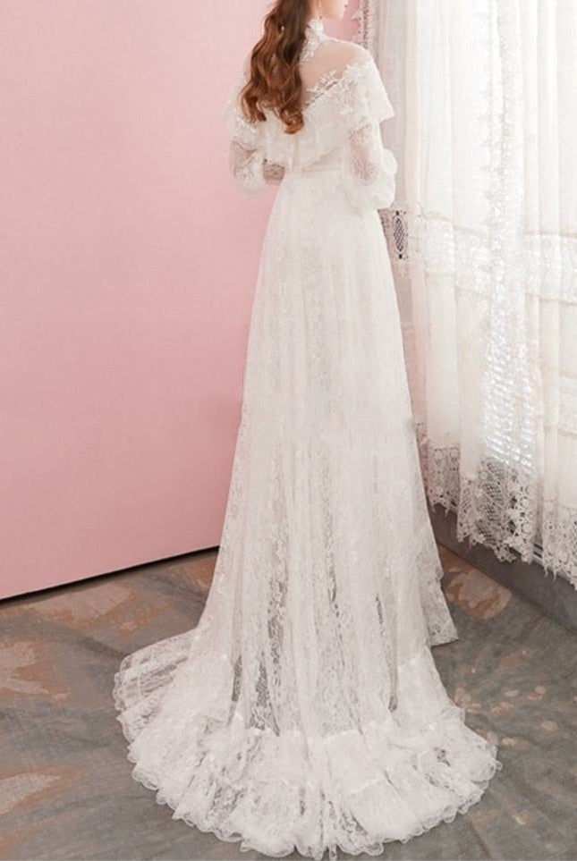 A-Line Lace Appliques Illusion Neck Wedding Dresses