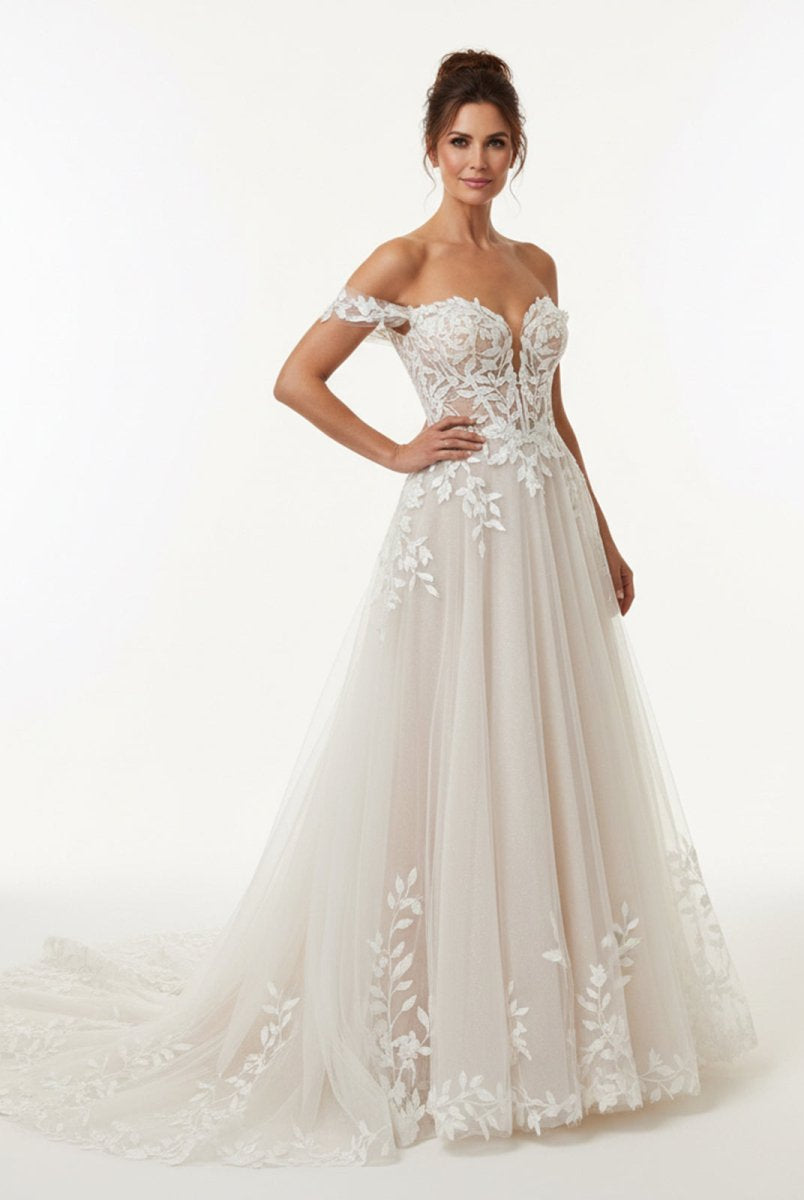 A - line Lace Beach Wedding Dress with Off Shoulder Tulle Appliques - KissProm