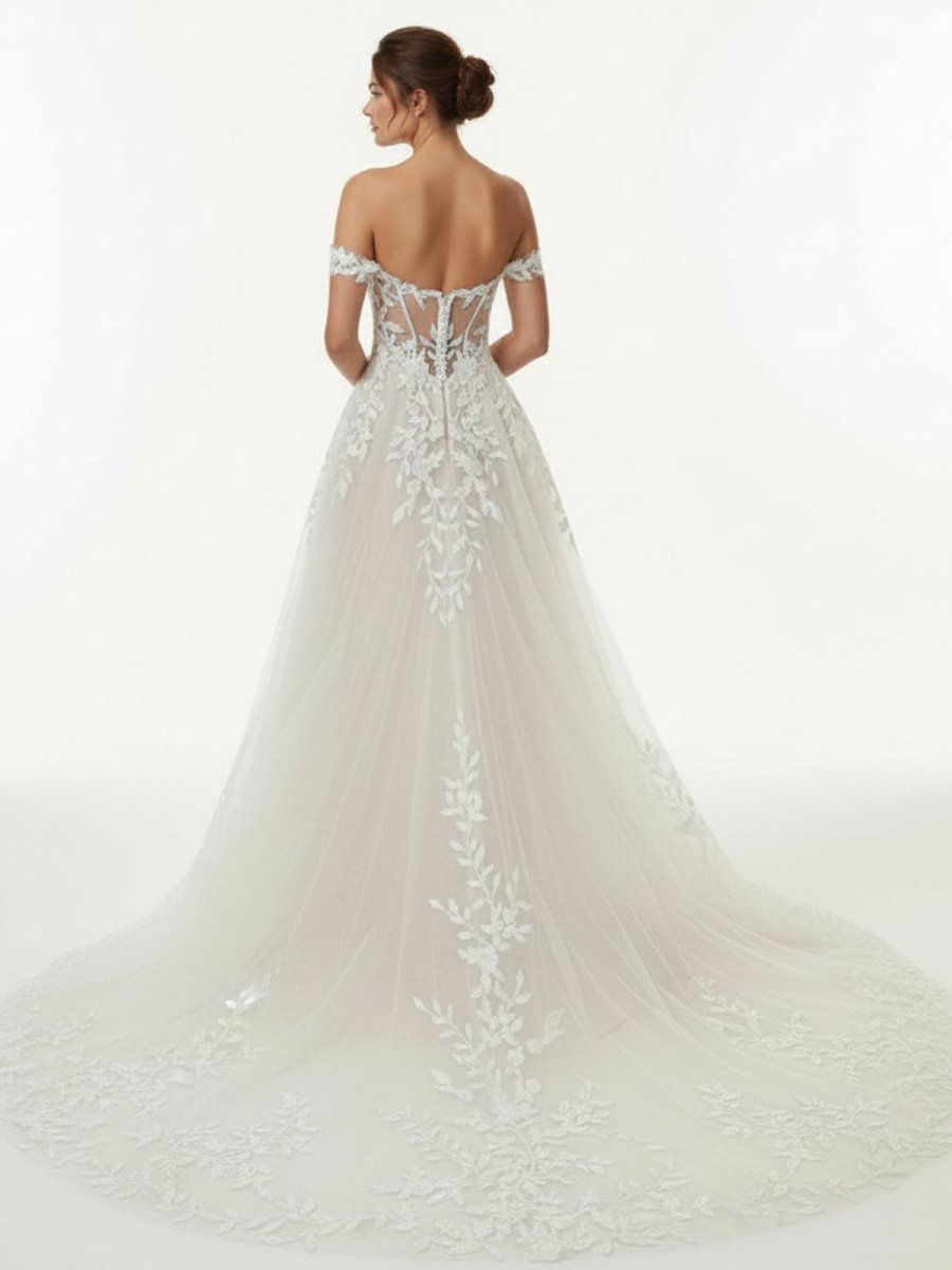 A - line Lace Beach Wedding Dress with Off Shoulder Tulle Appliques - KissProm
