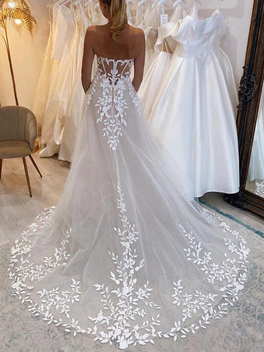 A - line Lace Beach Wedding Dress with Off Shoulder Tulle Appliques - KissProm