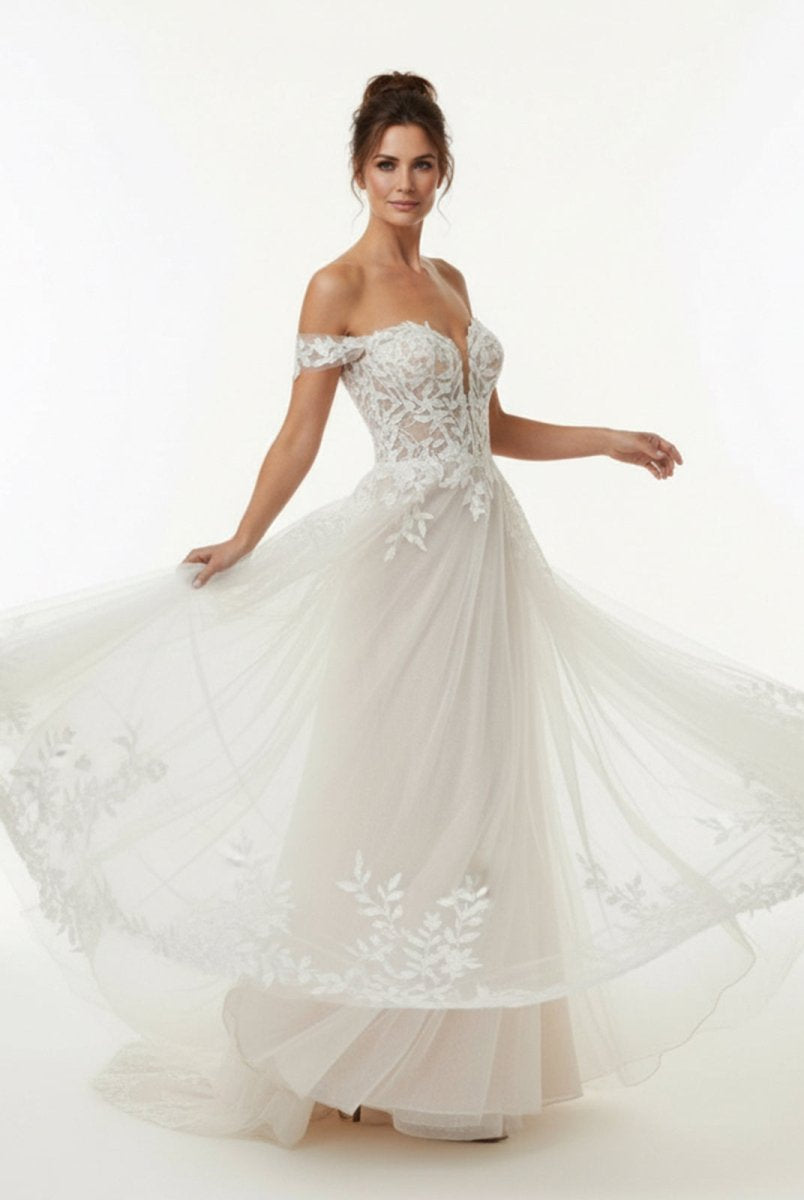A - line Lace Beach Wedding Dress with Off Shoulder Tulle Appliques - KissProm