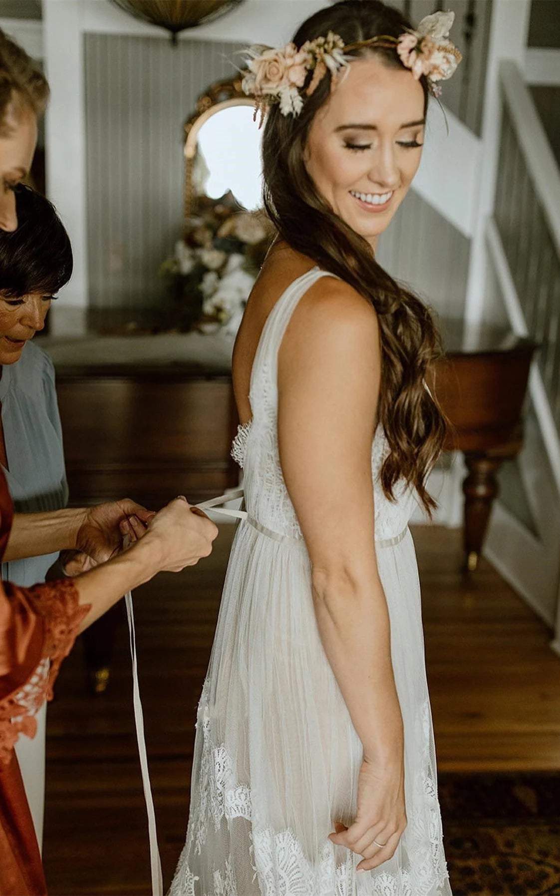 A-Line Lace Bohemian V-neck Wedding Dress With Low-V Back And Appliques