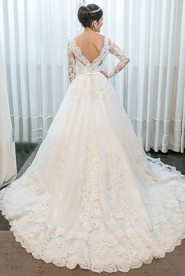 A - line Lace Long Sleeves Wedding Dress Chapel Train - KissProm