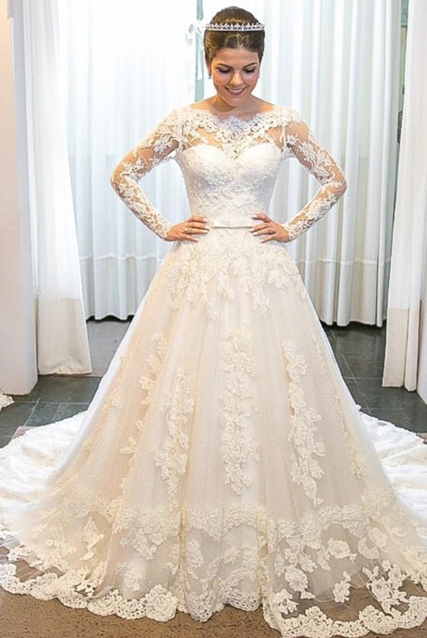 A - line Lace Long Sleeves Wedding Dress Chapel Train - KissProm