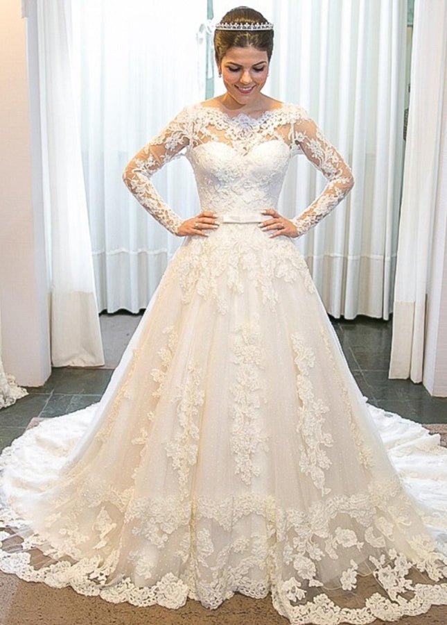 A - line Lace Long Sleeves Wedding Dress Chapel Train - KissProm
