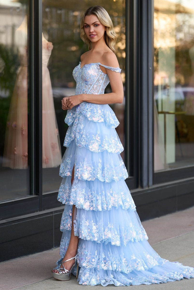 Capri | A-Line Lace Off-the-Shoulder Tiered Long Prom Dress with Slit