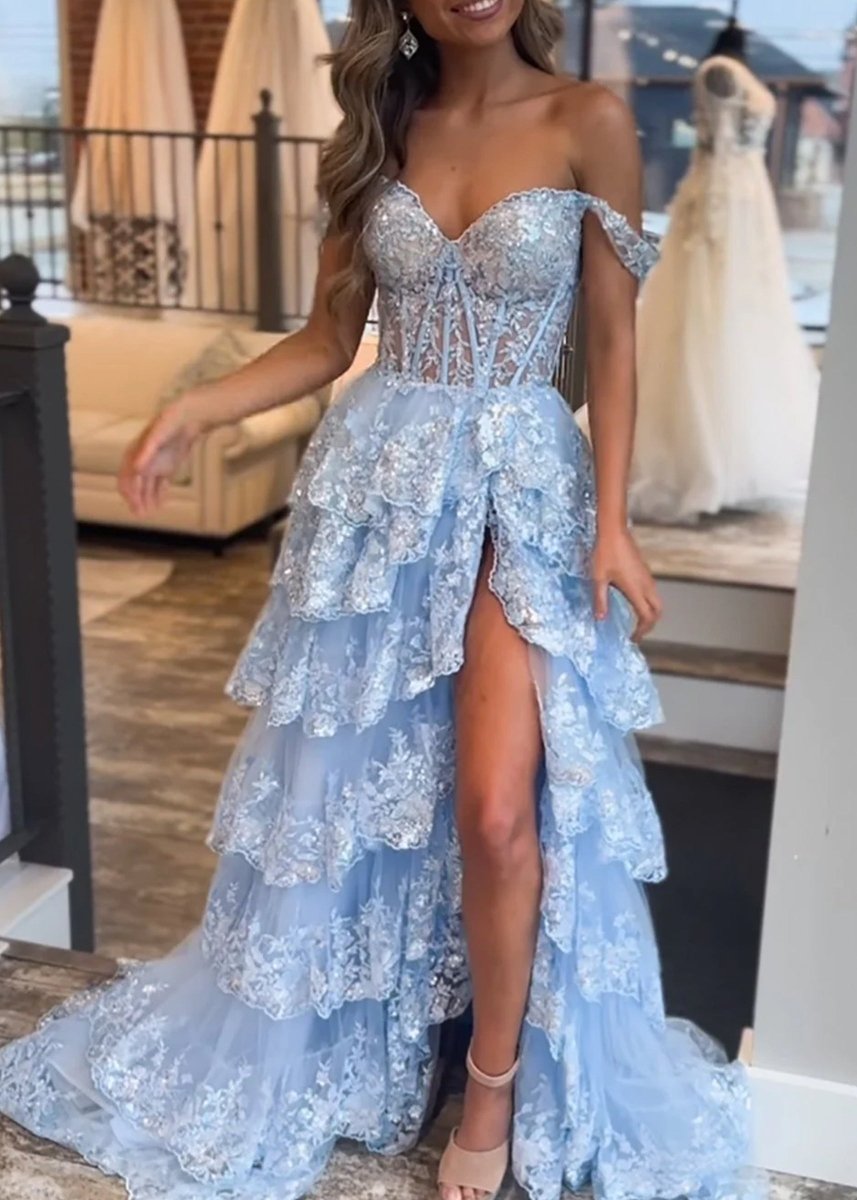 Capri | A-Line Lace Off-the-Shoulder Tiered Long Prom Dress with Slit