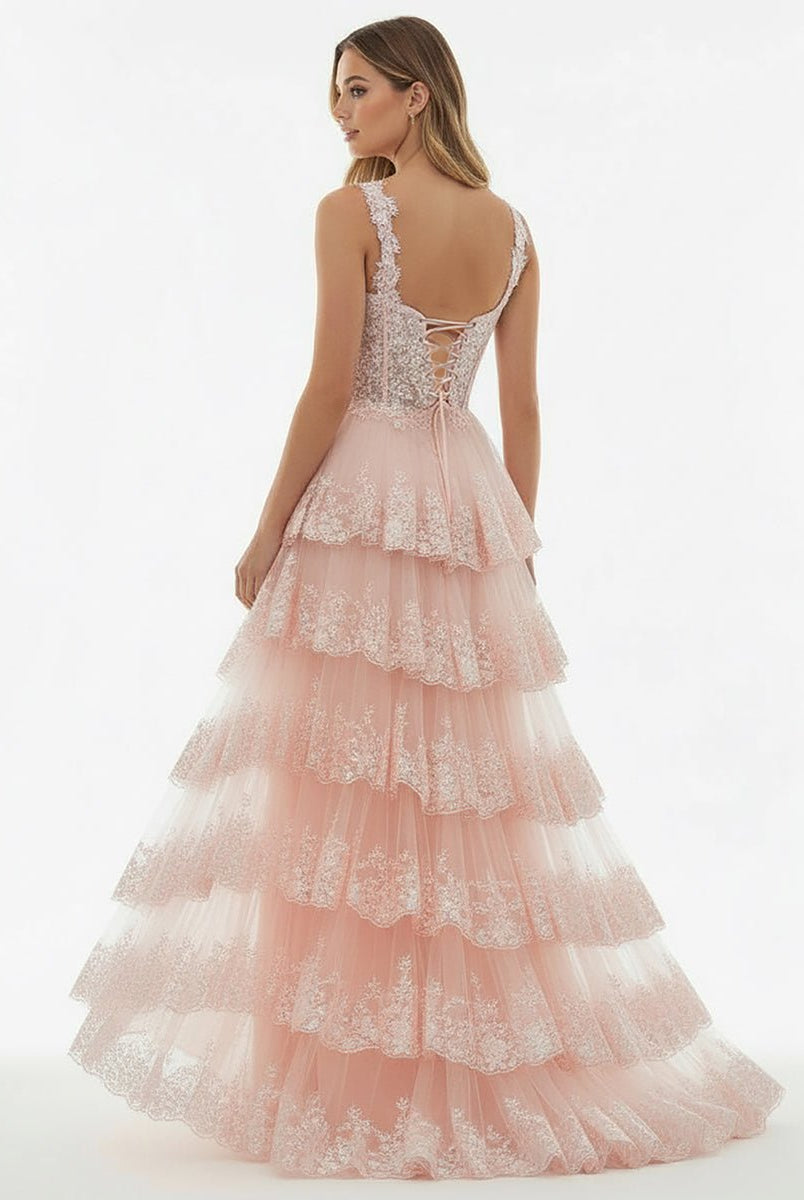 Capri | A - Line Lace Off - the - Shoulder Tiered Long Prom Dress with Slit - KissProm