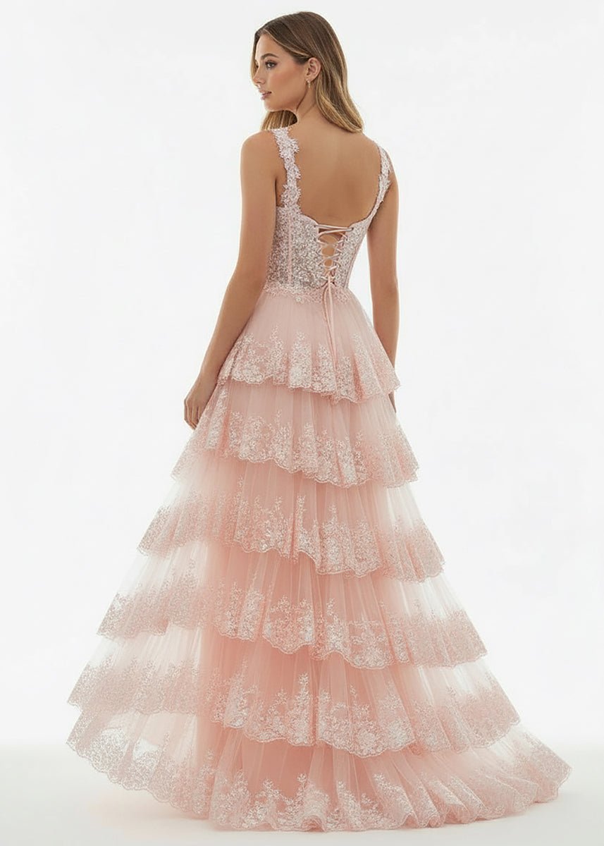 Capri | A - Line Lace Off - the - Shoulder Tiered Long Prom Dress with Slit - KissProm