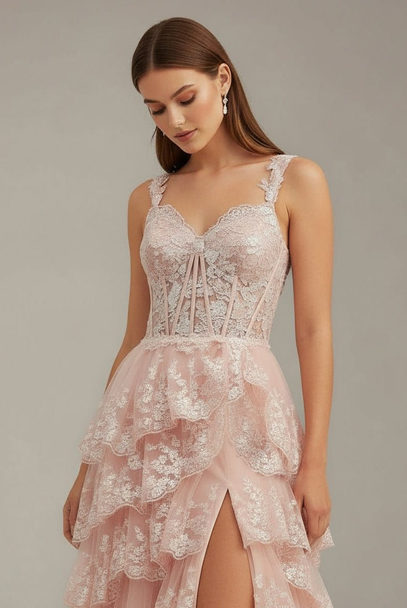 Capri | A - Line Lace Off - the - Shoulder Tiered Long Prom Dress with Slit - KissProm