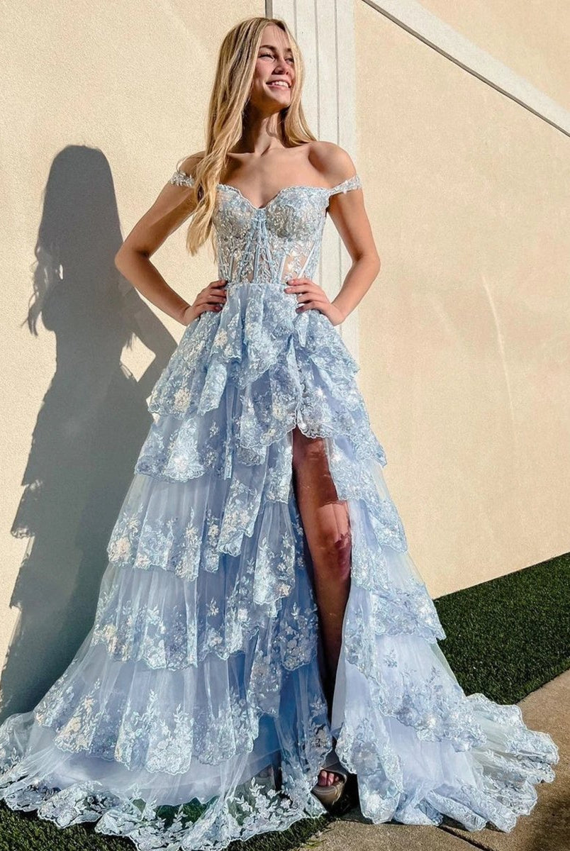 Capri | A-Line Lace Off-the-Shoulder Tiered Long Prom Dress with Slit