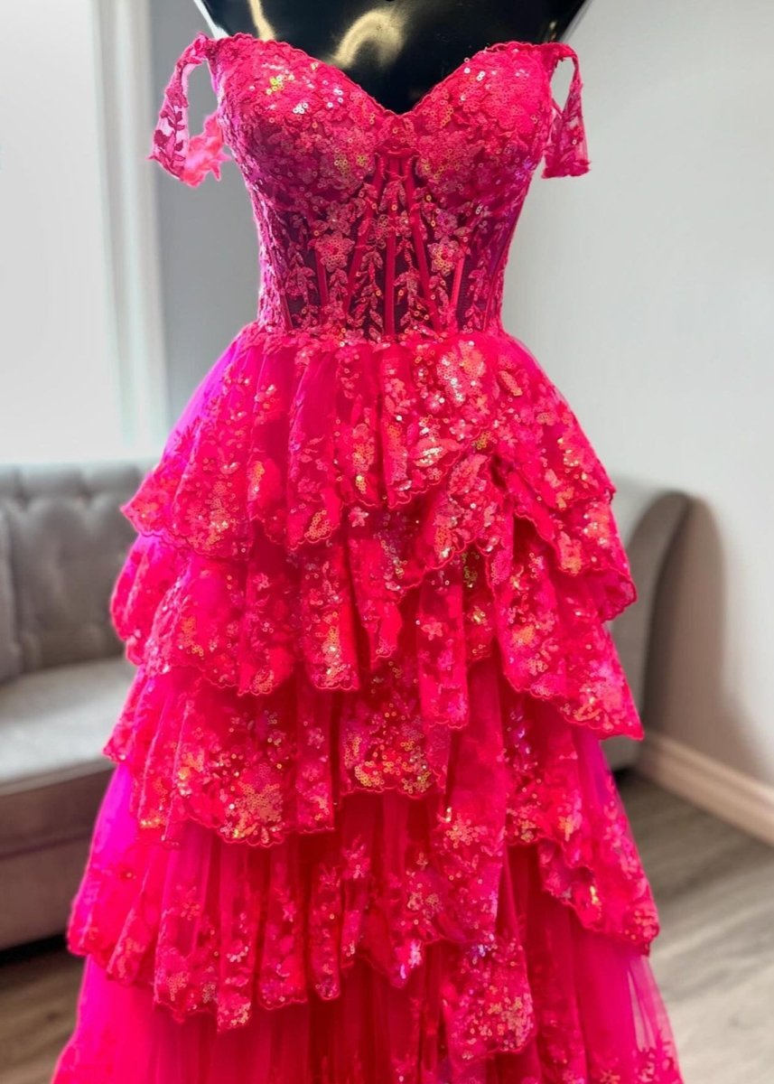 Capri | A-Line Lace Off-the-Shoulder Tiered Long Prom Dress with Slit