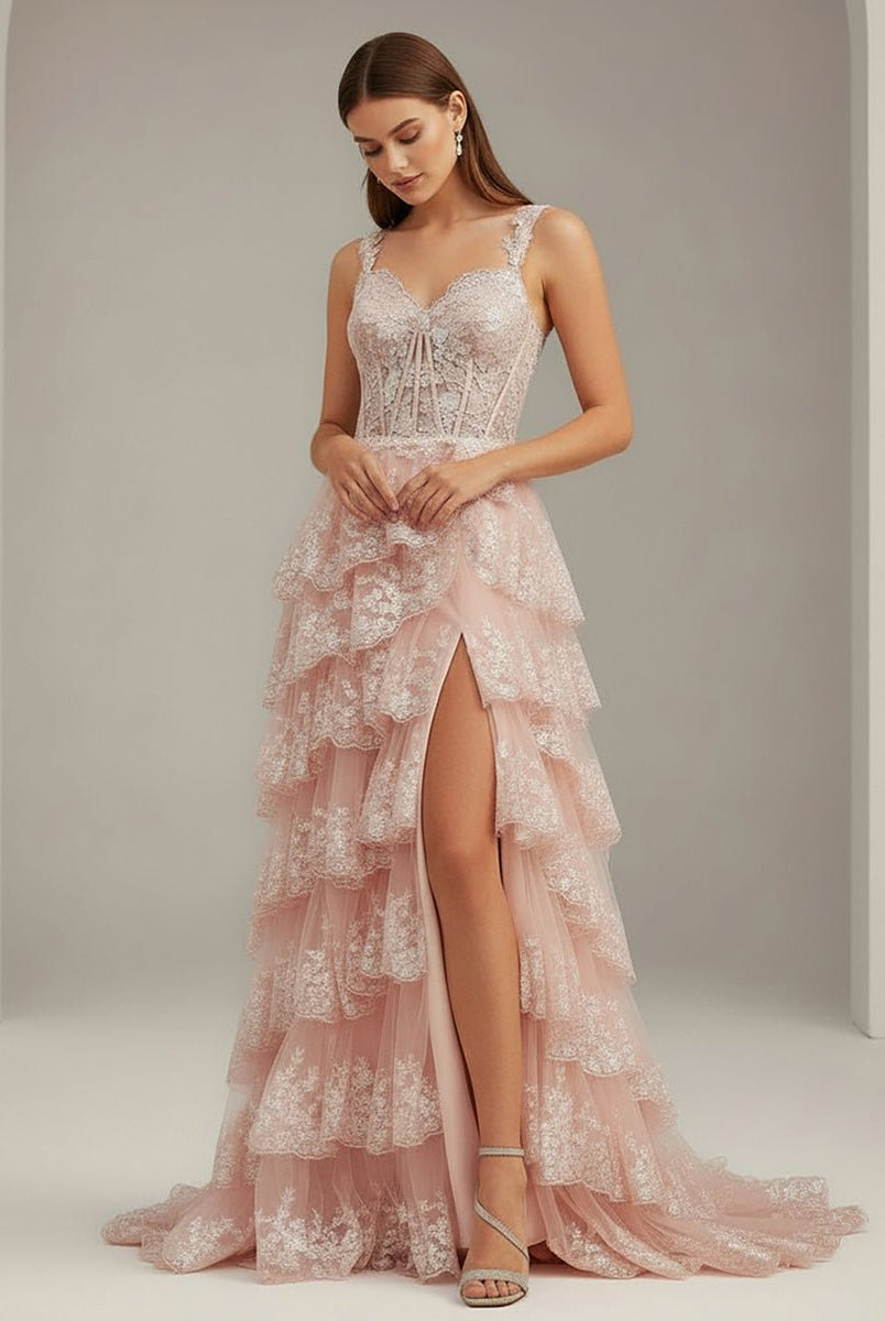 Capri | A - Line Lace Off - the - Shoulder Tiered Long Prom Dress with Slit - KissProm