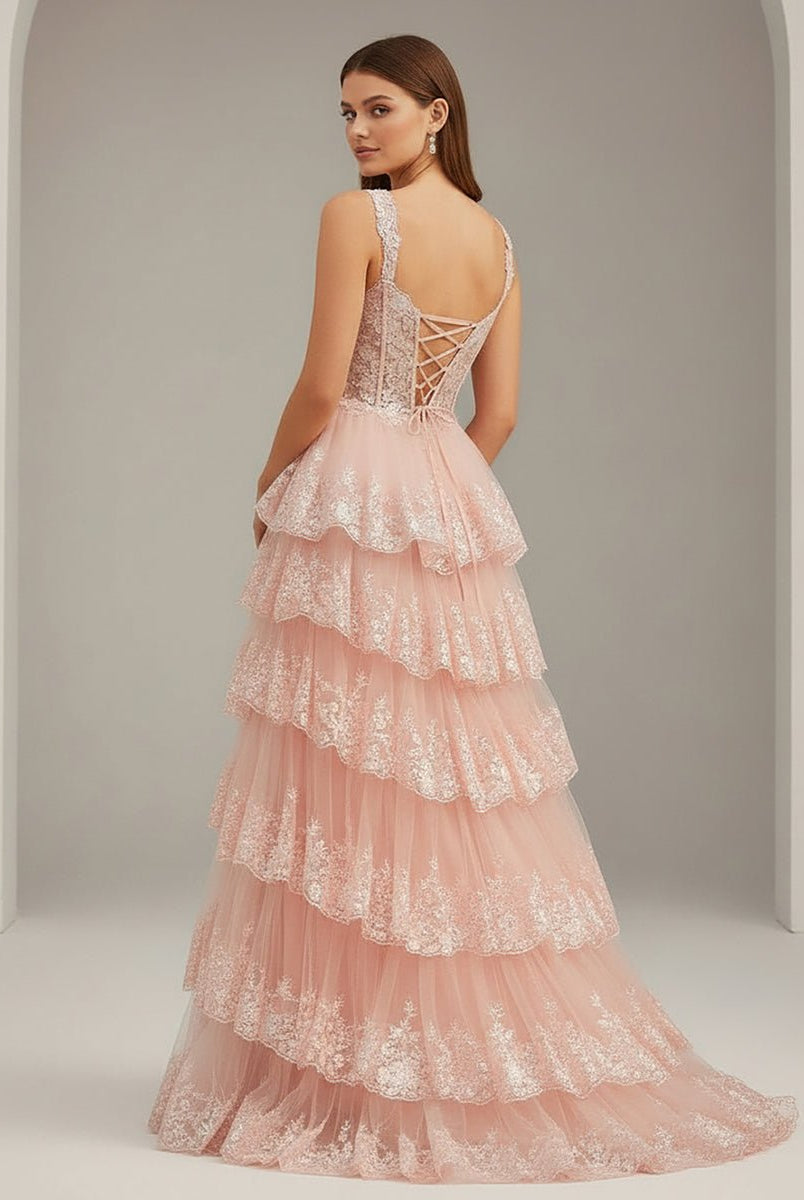 Capri | A - Line Lace Off - the - Shoulder Tiered Long Prom Dress with Slit - KissProm