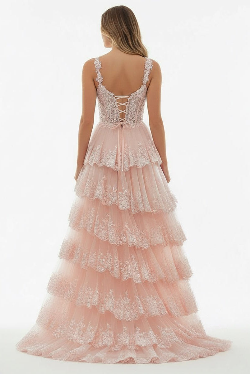 Capri | A - Line Lace Off - the - Shoulder Tiered Long Prom Dress with Slit - KissProm