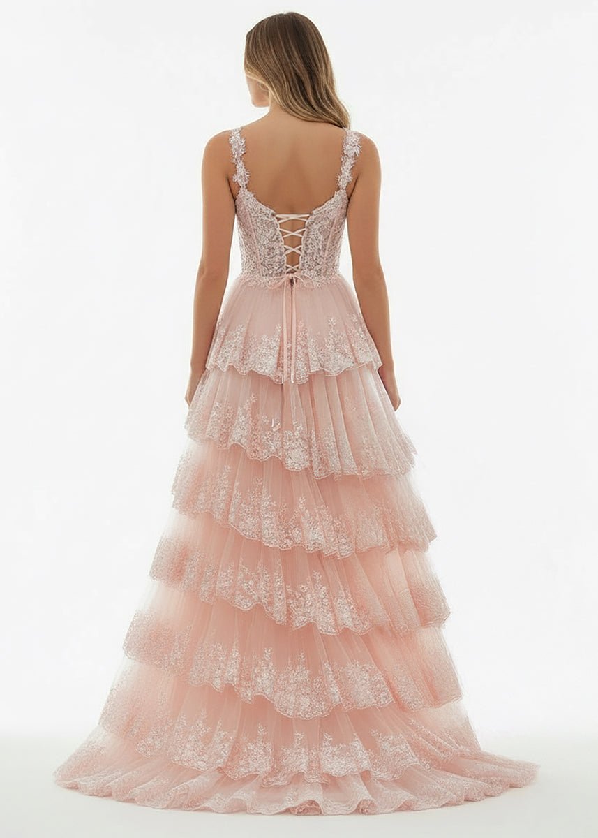 Capri | A - Line Lace Off - the - Shoulder Tiered Long Prom Dress with Slit - KissProm