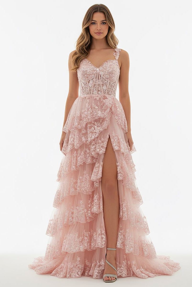 Capri | A - Line Lace Off - the - Shoulder Tiered Long Prom Dress with Slit - KissProm