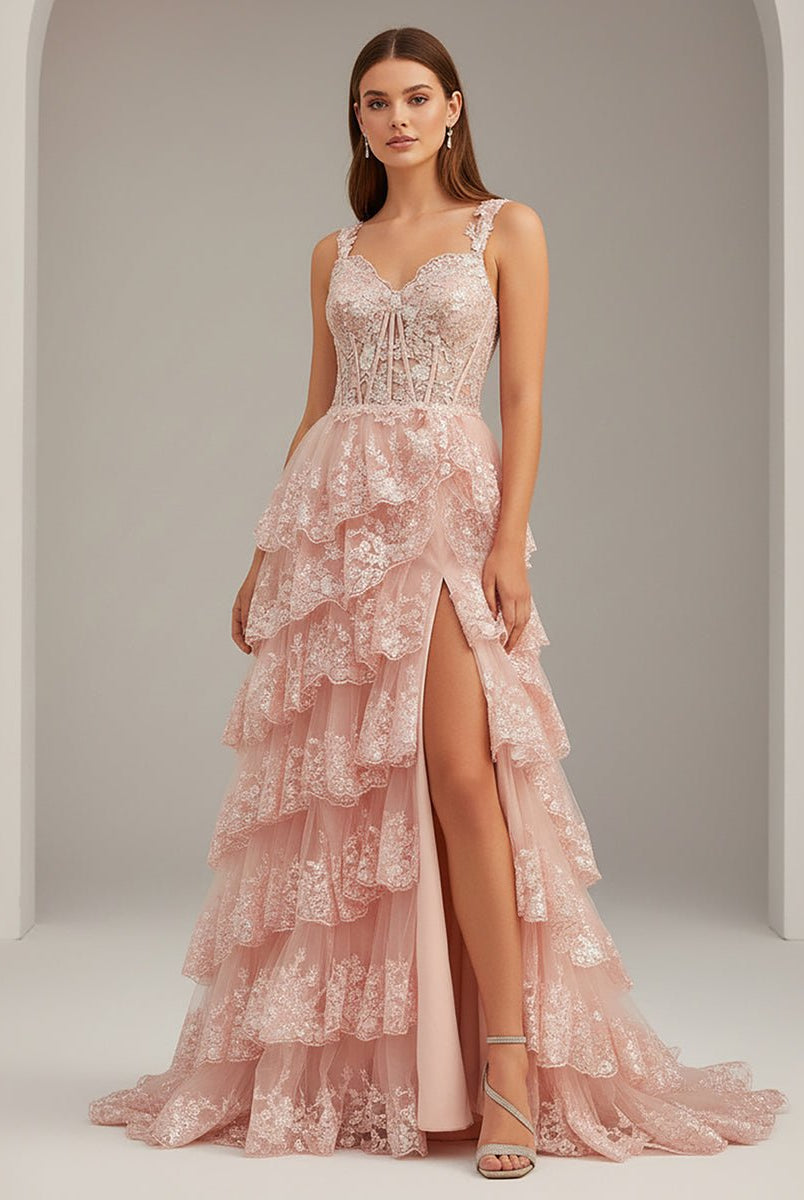 Capri | A - Line Lace Off - the - Shoulder Tiered Long Prom Dress with Slit - KissProm