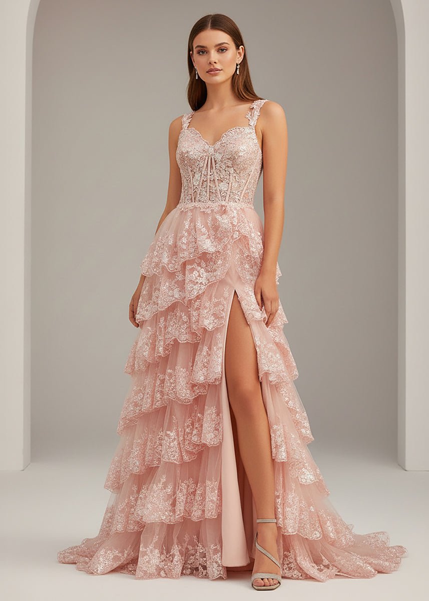 Capri | A - Line Lace Off - the - Shoulder Tiered Long Prom Dress with Slit - KissProm
