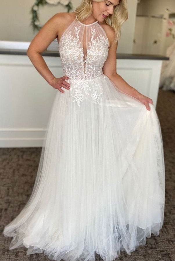 A - line Lace Tulle Wedding Dress Boho Style Online - KissProm