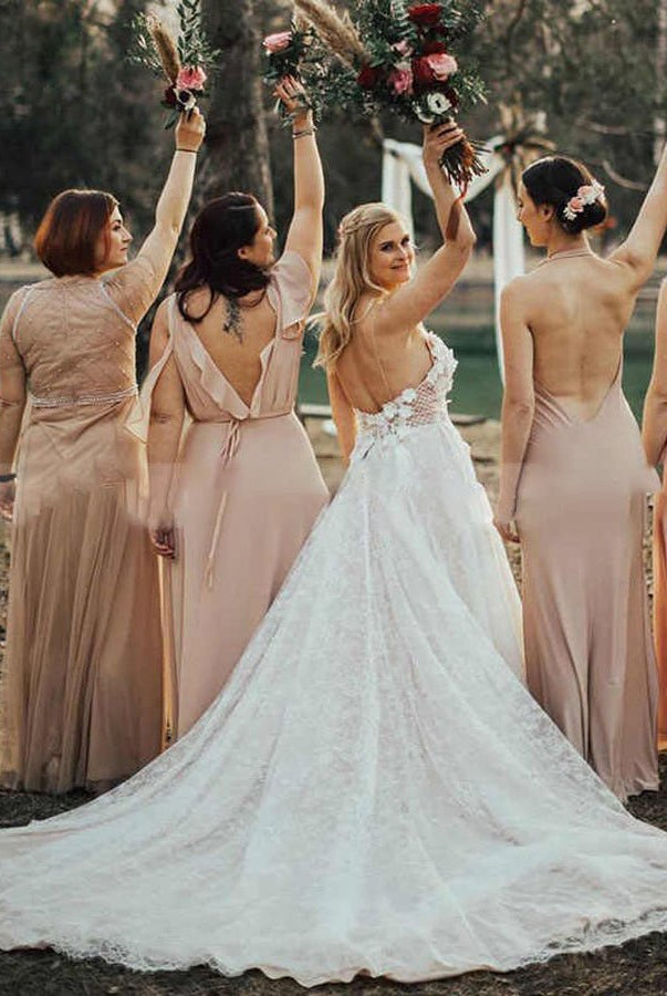 A Line Lace White Spaghetti Straps Wedding Dresses - KissProm