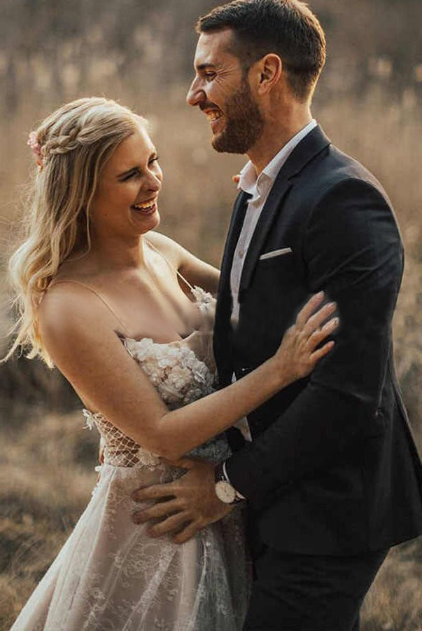 A Line Lace White Spaghetti Straps Wedding Dresses - KissProm