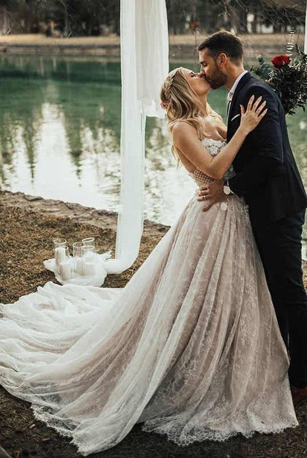 A Line Lace White Spaghetti Straps Wedding Dresses - KissProm