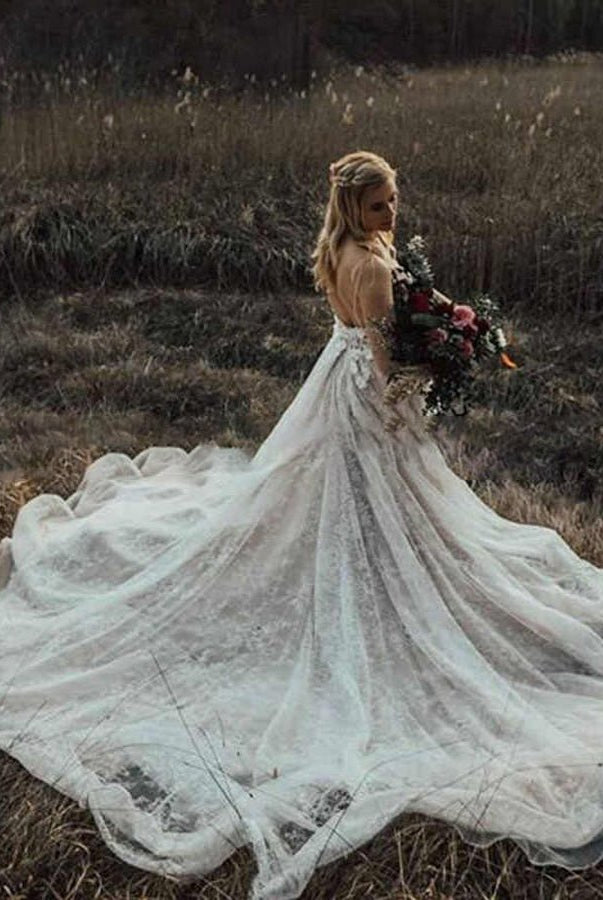 A Line Lace White Spaghetti Straps Wedding Dresses - KissProm