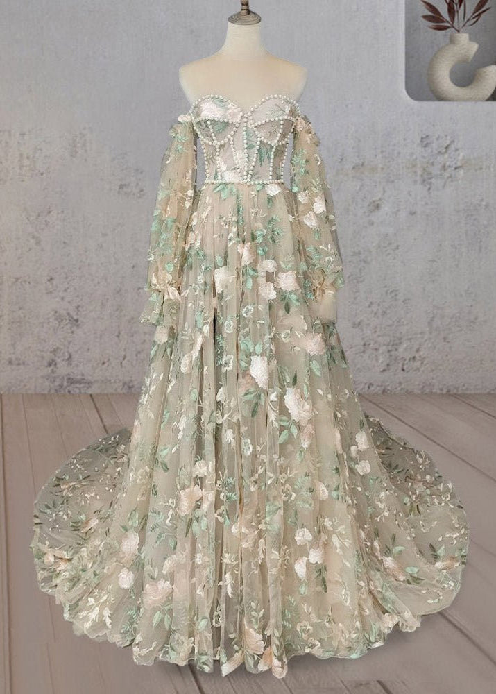 Light Green Sweetheart A-line Prom Dress, Green Long Party Dress with Lace Applique