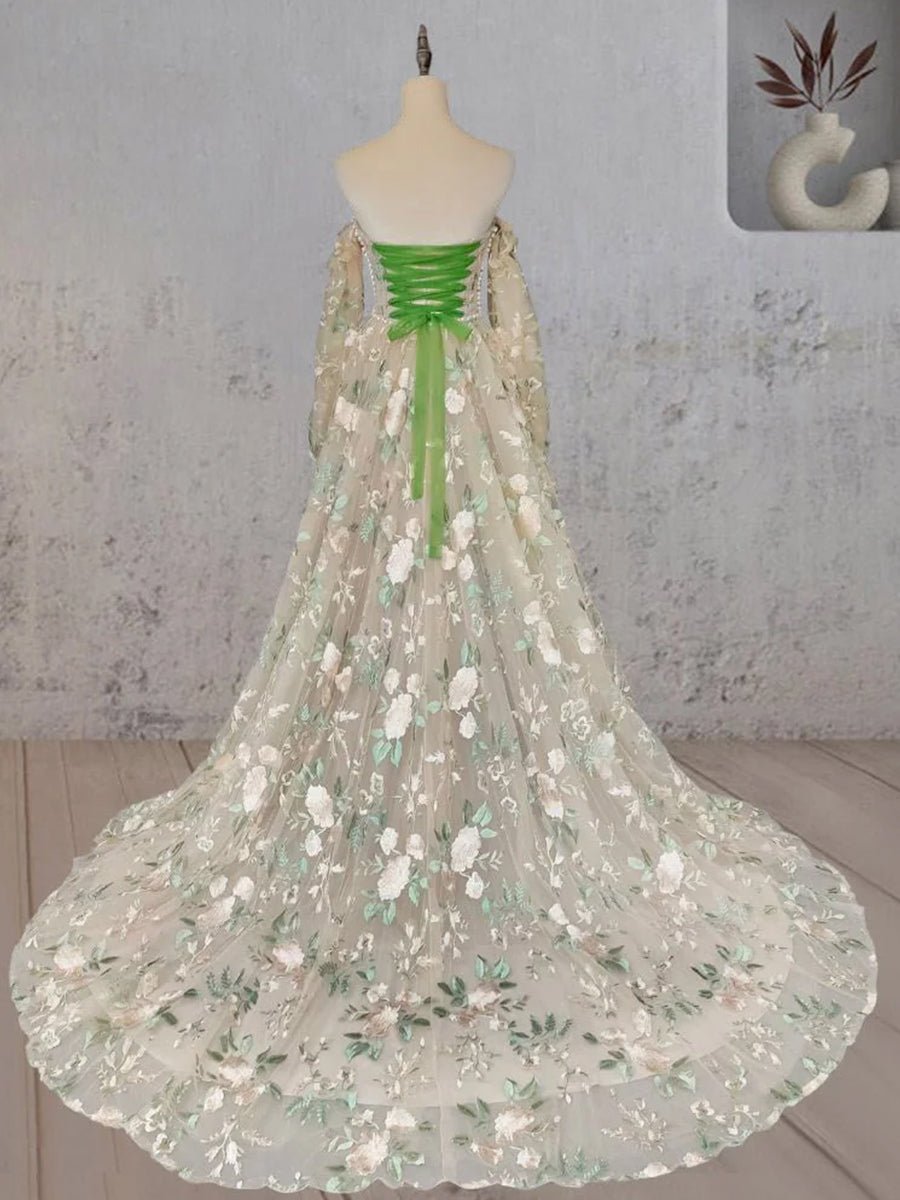 A - Line Light Green Sweetheart Pearl Wedding Dress - KissProm