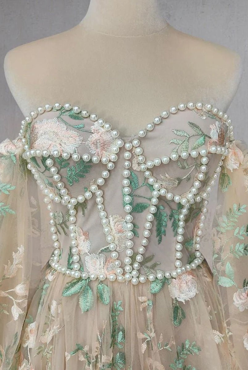 A - Line Light Green Sweetheart Pearl Wedding Dress - KissProm
