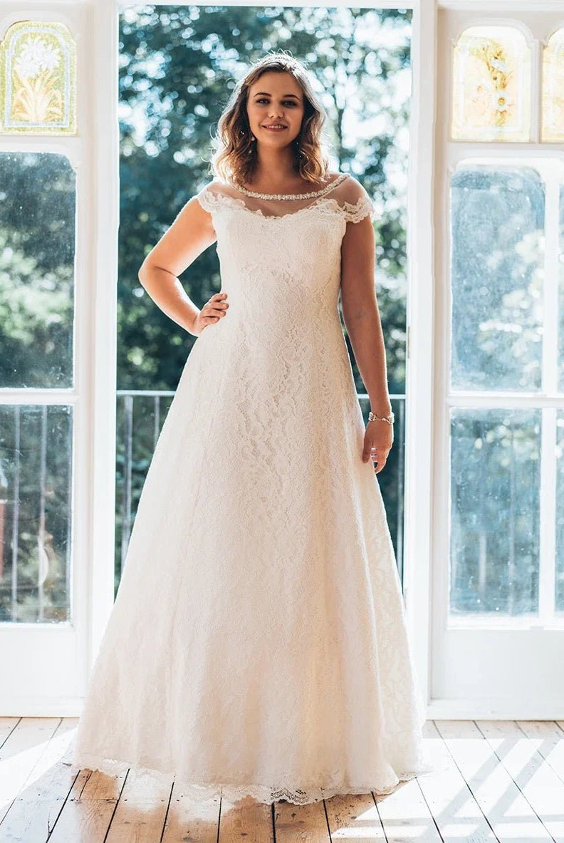 Simple A-Line Bateau Neck Short Sleeve Lace Illusion White Wedding Dress