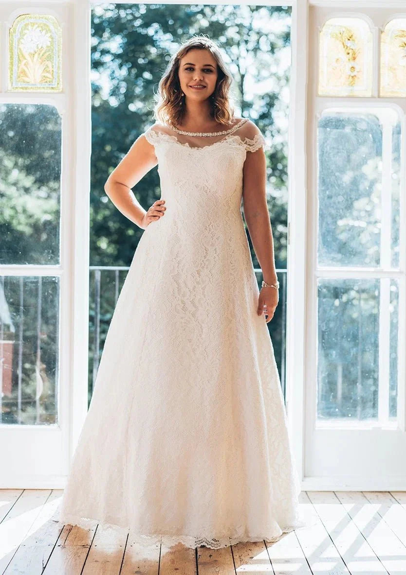 Simple A-Line Bateau Neck Short Sleeve Lace Illusion White Wedding Dre Simple A-Line Bateau Neck Short Sleeve Lace Illusion White Wedding Dre