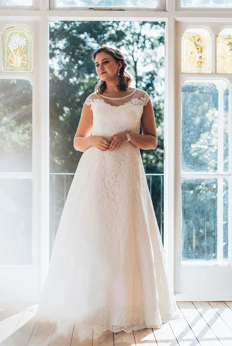 Simple A-Line Bateau Neck Short Sleeve Lace Illusion White Wedding Dress