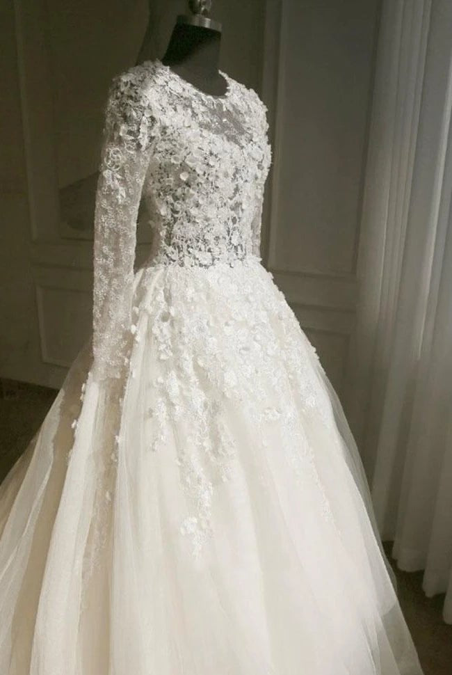 A-Line Long Sleeve Bell Beading Appliques Flower Zipper Keyhole Tulle Lace Dress