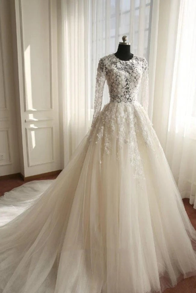 A-Line Long Sleeve Bell Beading Appliques Flower Zipper Keyhole Tulle Lace Dress