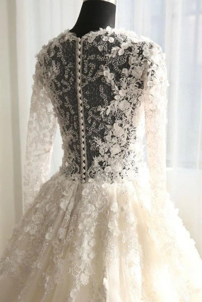 A-Line Long Sleeve Bell Beading Appliques Flower Zipper Keyhole Tulle Lace Dress