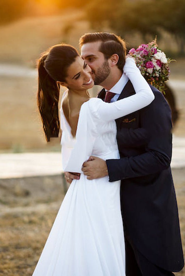 A - line Long Sleeved Satin Wedding Dresses with Cowl Back - KissProm