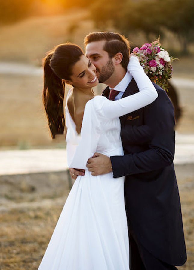 A - line Long Sleeved Satin Wedding Dresses with Cowl Back - KissProm