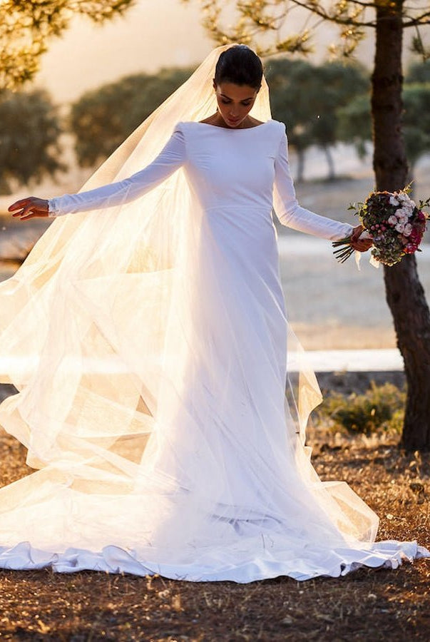 A - line Long Sleeved Satin Wedding Dresses with Cowl Back - KissProm