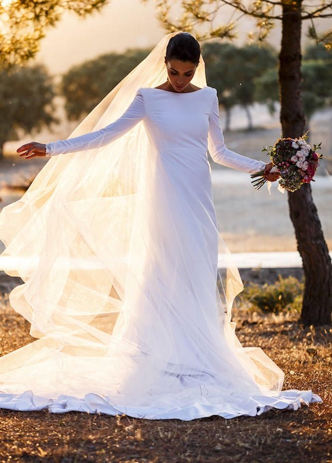 A - line Long Sleeved Satin Wedding Dresses with Cowl Back - KissProm